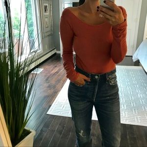 Wide neck long sleeve body suit burnt orange rust